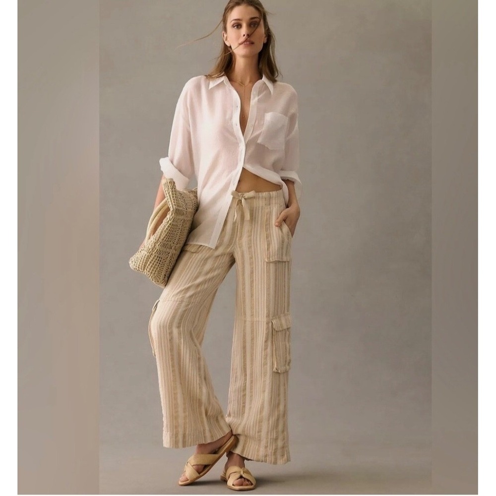 Pilcro Anthropologie Wide Leg Cargo Pants Womens Sz 32 Striped Linen Blend Beach